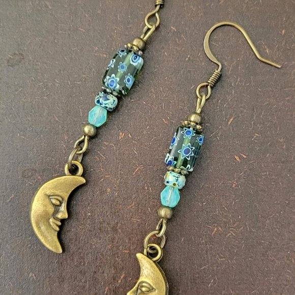 Crescent MOON Face Charm Earrings Millefiori Picasso Bronze Plated Hook Earwires - Picture 2 of 13